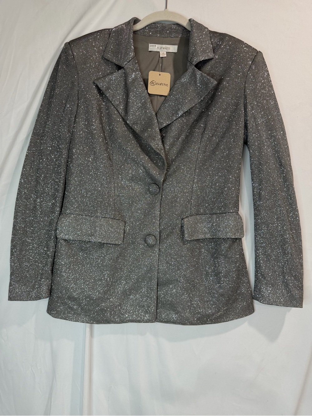 Anthropologie Flat White Silver Glitter Tailored Blazer